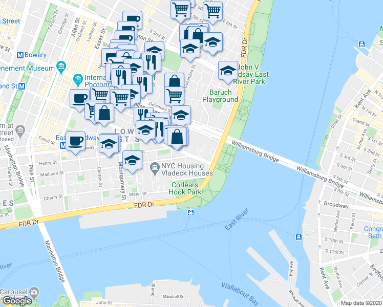 map of restaurants, bars, coffee shops, grocery stores, and more near 477 FDR Drive in New York