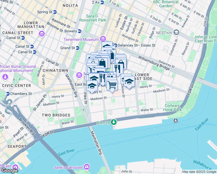 map of restaurants, bars, coffee shops, grocery stores, and more near 188 East Broadway in New York