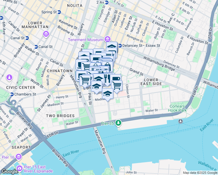 map of restaurants, bars, coffee shops, grocery stores, and more near 153 East Broadway in New York