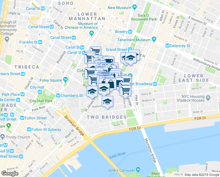 map of restaurants, bars, coffee shops, grocery stores, and more near 19 Bowery in New York