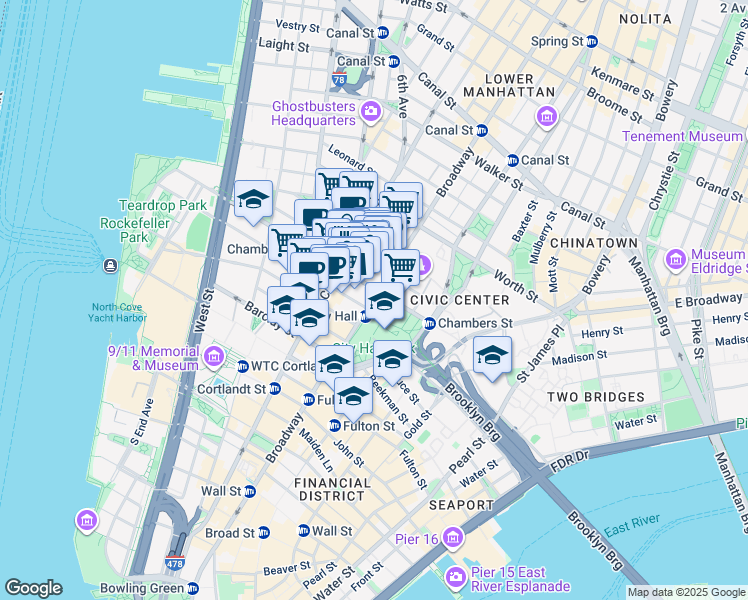 map of restaurants, bars, coffee shops, grocery stores, and more near 277 Broadway in New York
