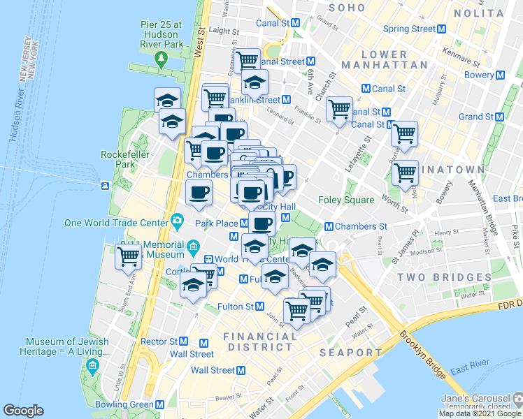 map of restaurants, bars, coffee shops, grocery stores, and more near 165 Church Street in New York