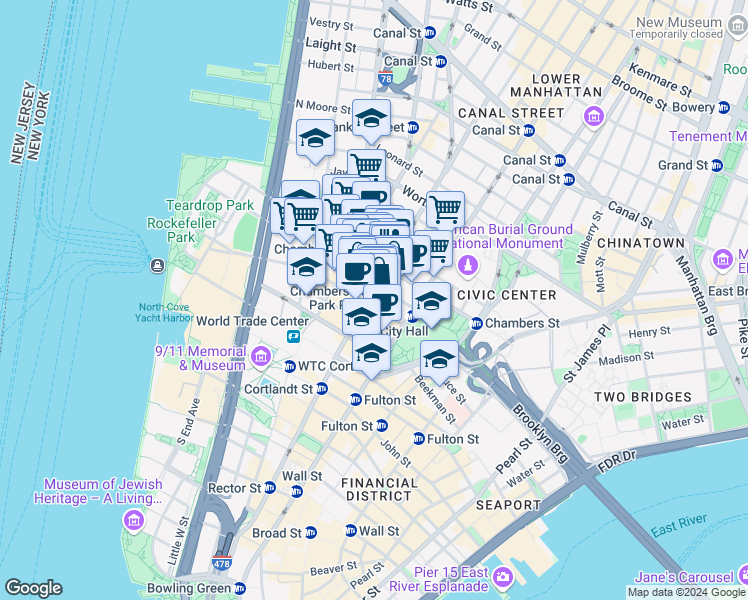 map of restaurants, bars, coffee shops, grocery stores, and more near 128 Church Street in New York