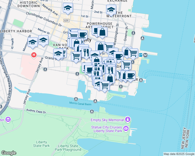 map of restaurants, bars, coffee shops, grocery stores, and more near 207 Warren Street in Jersey City