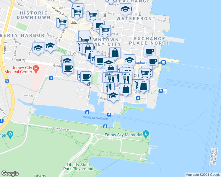 map of restaurants, bars, coffee shops, grocery stores, and more near 207 Warren Street in Jersey City