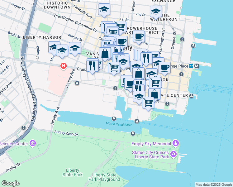map of restaurants, bars, coffee shops, grocery stores, and more near 201 Marin Boulevard in Jersey City
