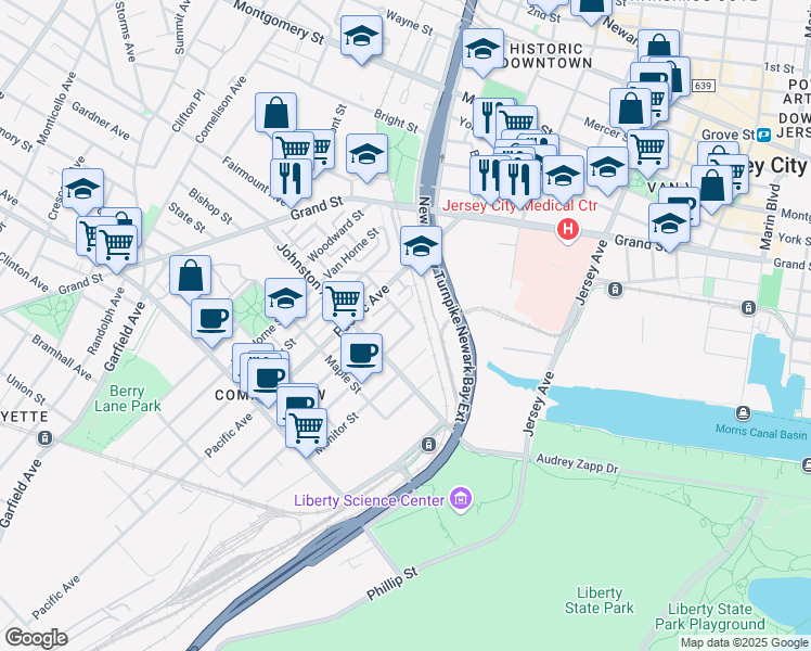 map of restaurants, bars, coffee shops, grocery stores, and more near 442 Whiton Street in Jersey City