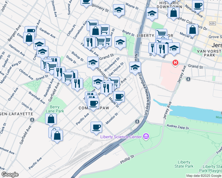 map of restaurants, bars, coffee shops, grocery stores, and more near 390 Halladay Street in Jersey City