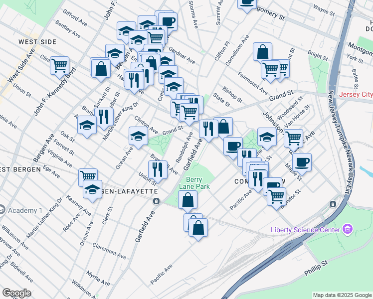 map of restaurants, bars, coffee shops, grocery stores, and more near 347 Randolph Avenue in Jersey City