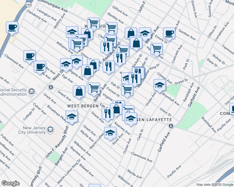 map of restaurants, bars, coffee shops, grocery stores, and more near 105 Oak Street in Jersey City