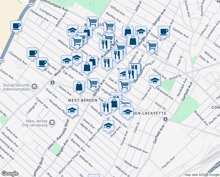 map of restaurants, bars, coffee shops, grocery stores, and more near 105 Oak Street in Jersey City