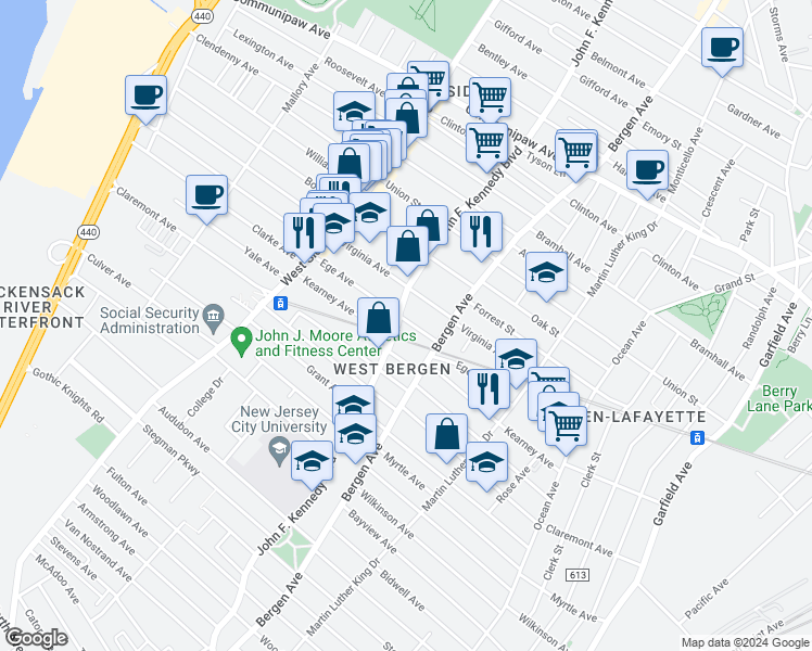 map of restaurants, bars, coffee shops, grocery stores, and more near 173 Virginia Avenue in Jersey City