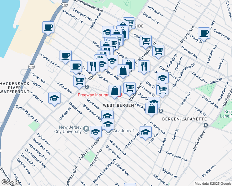 map of restaurants, bars, coffee shops, grocery stores, and more near in Jersey City