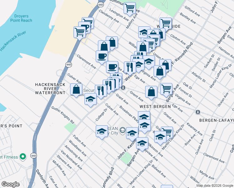 map of restaurants, bars, coffee shops, grocery stores, and more near in Jersey City