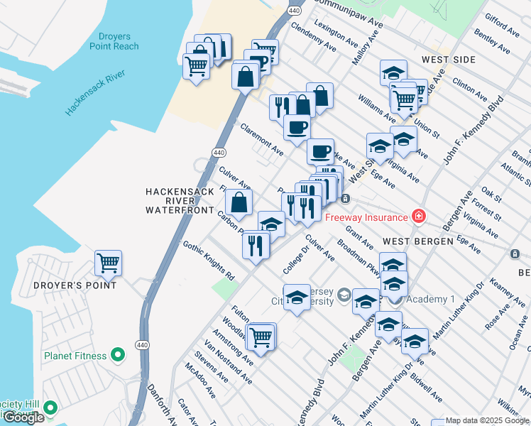 map of restaurants, bars, coffee shops, grocery stores, and more near 211 Culver Avenue in Jersey City