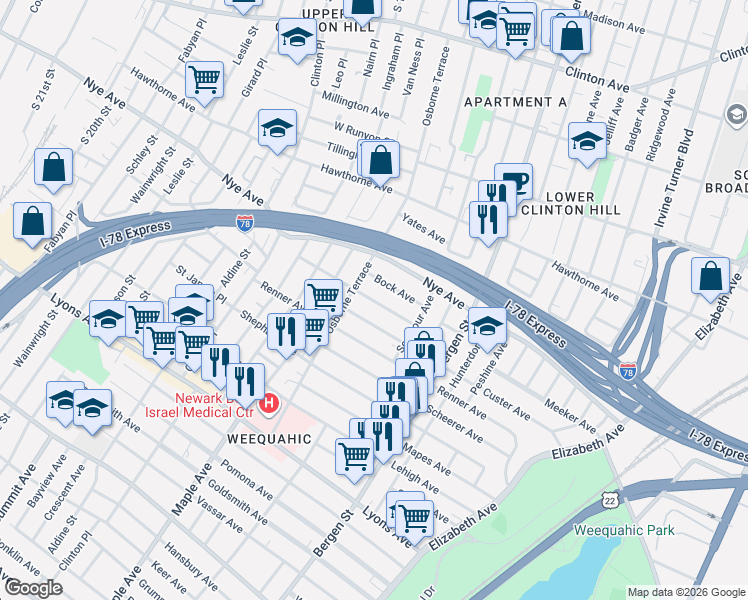 map of restaurants, bars, coffee shops, grocery stores, and more near 56-58 Bock Avenue in Newark