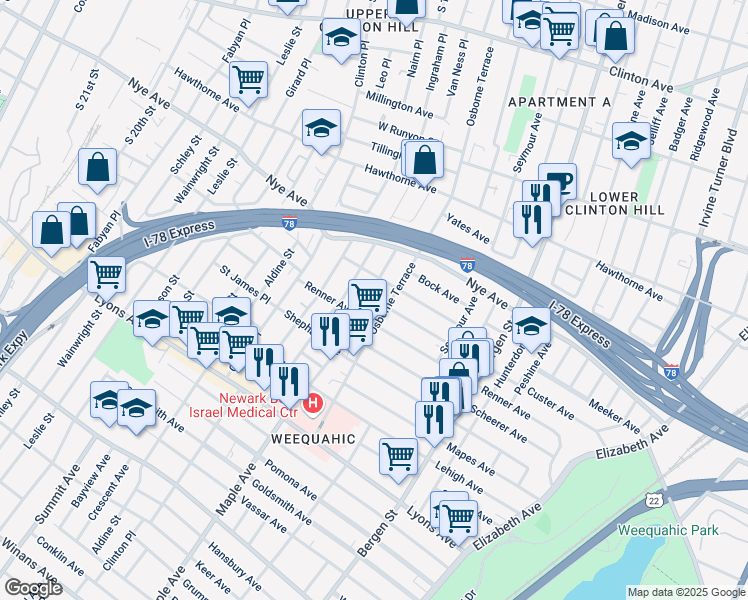 map of restaurants, bars, coffee shops, grocery stores, and more near 88 Huntington Terrace in Newark
