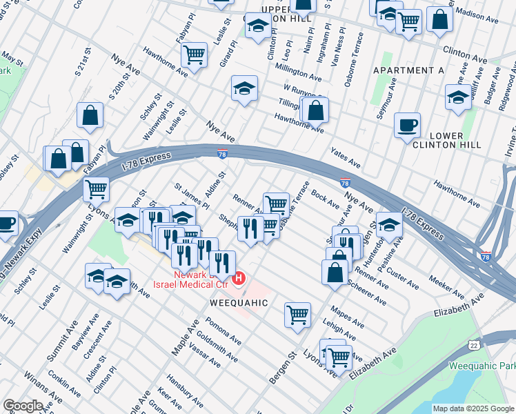 map of restaurants, bars, coffee shops, grocery stores, and more near 95 Schuyler Avenue in Newark