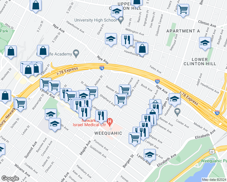 map of restaurants, bars, coffee shops, grocery stores, and more near 321-323 Renner Avenue in Newark