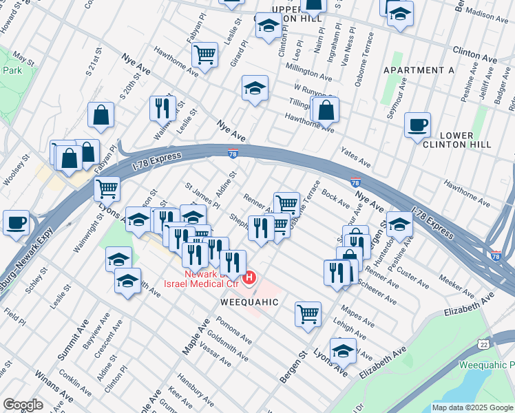 map of restaurants, bars, coffee shops, grocery stores, and more near 321-323 Renner Avenue in Newark