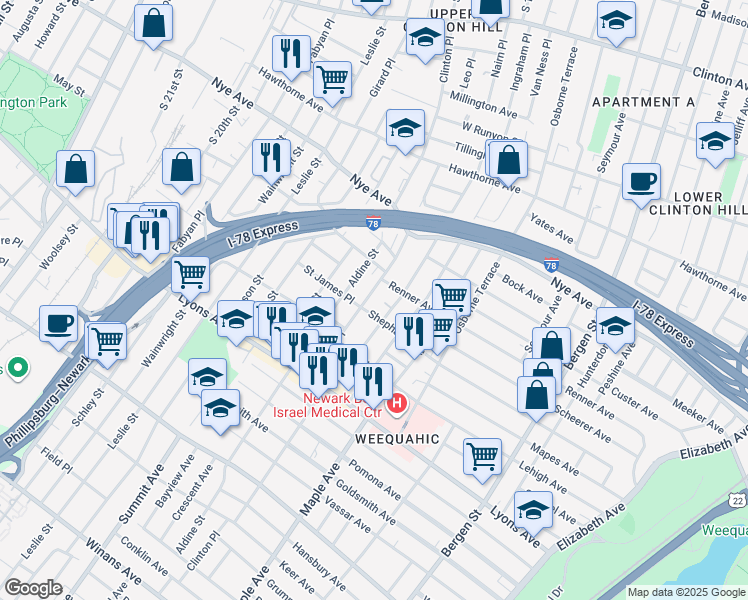map of restaurants, bars, coffee shops, grocery stores, and more near 36 Aldine Street in Newark