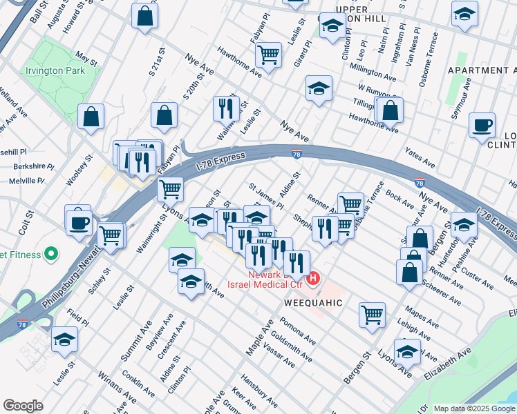 map of restaurants, bars, coffee shops, grocery stores, and more near 38 Willoughby Street in Newark