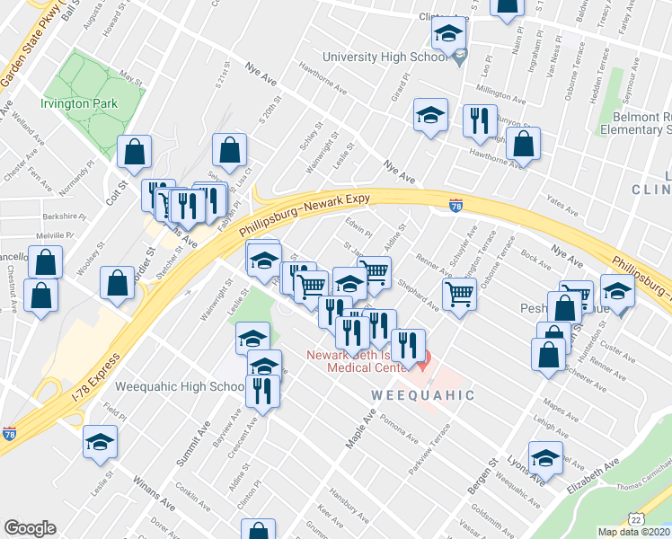 map of restaurants, bars, coffee shops, grocery stores, and more near 146 Dewey Street in Newark