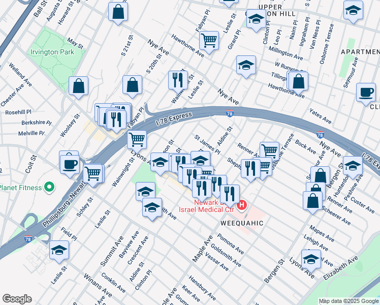 map of restaurants, bars, coffee shops, grocery stores, and more near 146 Dewey Street in Newark