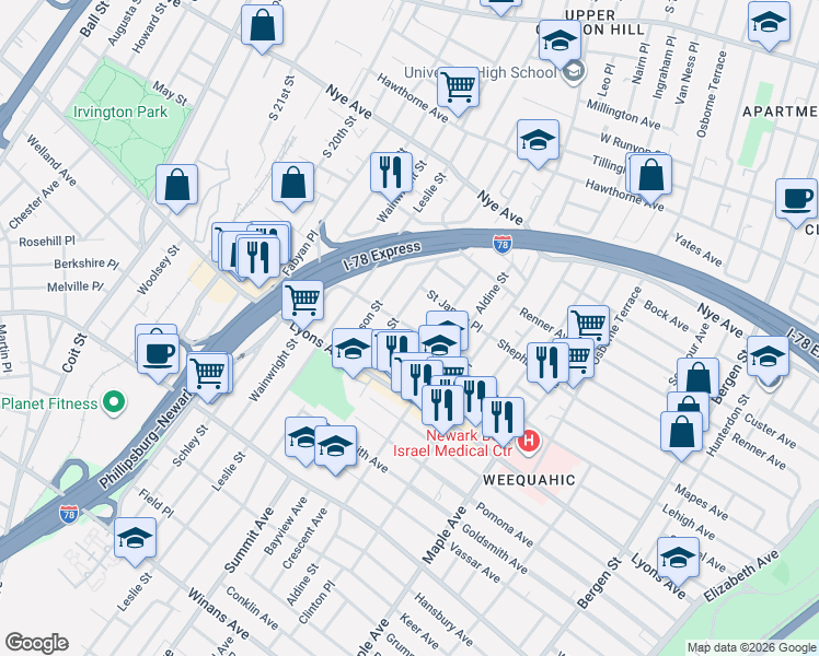 map of restaurants, bars, coffee shops, grocery stores, and more near 146 Dewey Street in Newark