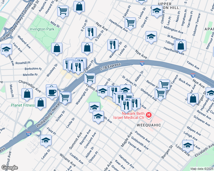 map of restaurants, bars, coffee shops, grocery stores, and more near 50 Shaw Avenue in Newark