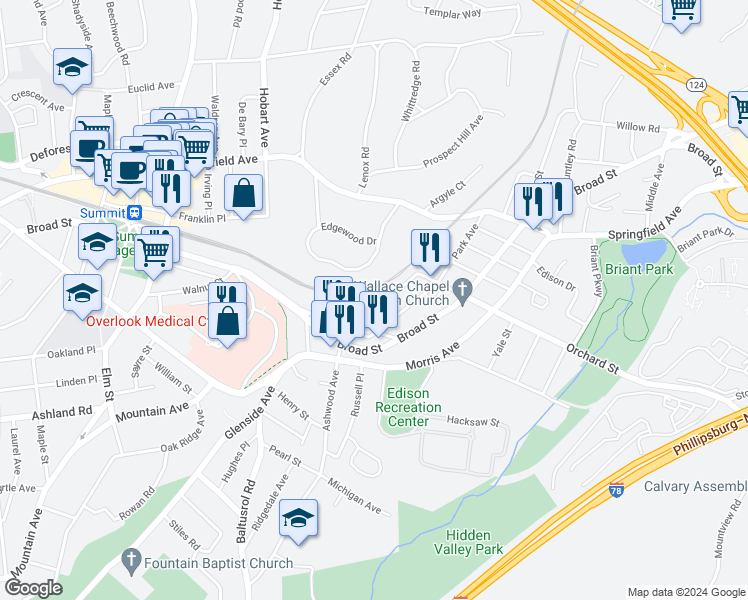 map of restaurants, bars, coffee shops, grocery stores, and more near 45 Edgewood Road in Summit