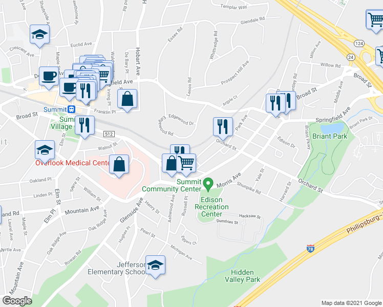 map of restaurants, bars, coffee shops, grocery stores, and more near 45 Edgewood Road in Summit
