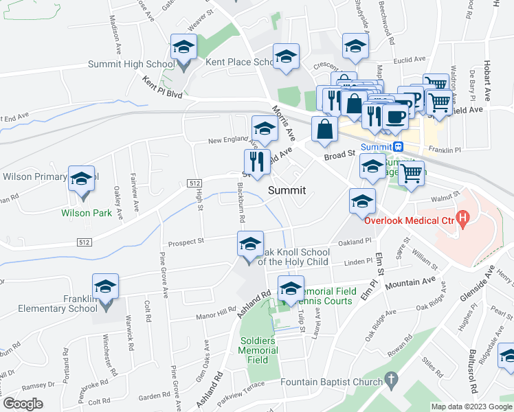 map of restaurants, bars, coffee shops, grocery stores, and more near 10 Blackburn Road in Summit