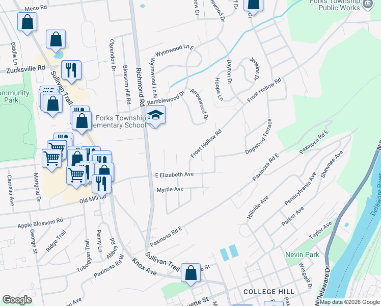map of restaurants, bars, coffee shops, grocery stores, and more near 206 Frost Hollow Road in Easton