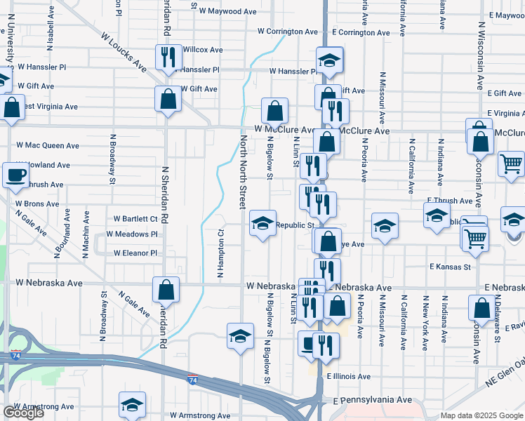 map of restaurants, bars, coffee shops, grocery stores, and more near 2212 North North Street in Peoria