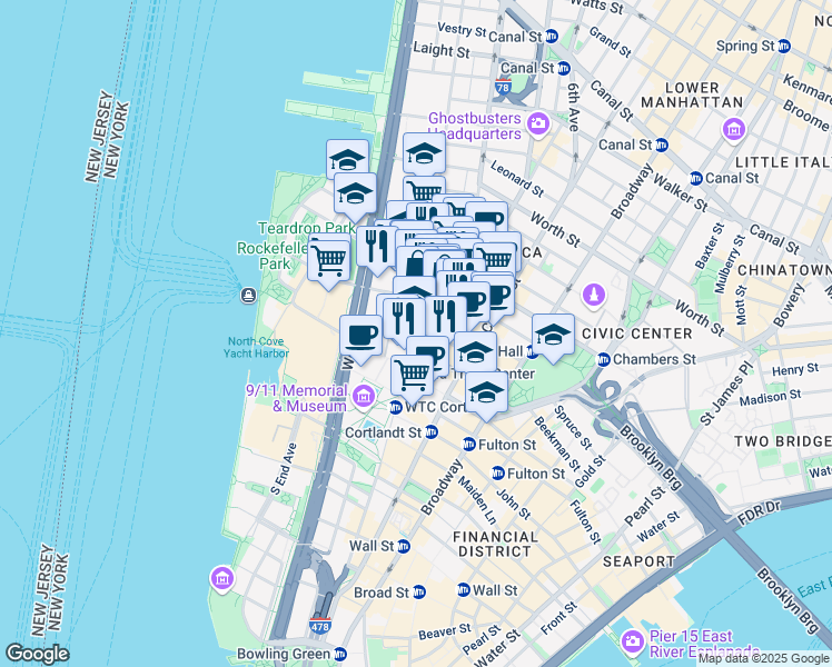 map of restaurants, bars, coffee shops, grocery stores, and more near 245 Greenwich Street in New York