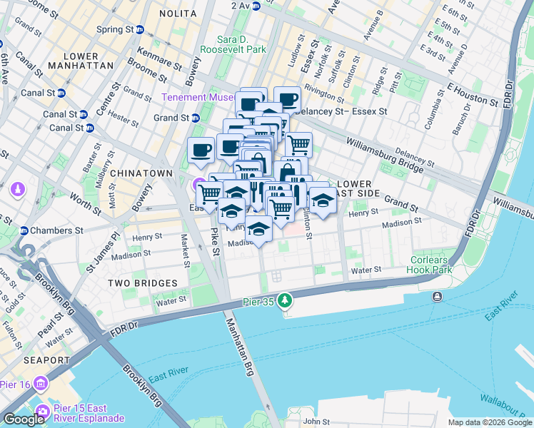 map of restaurants, bars, coffee shops, grocery stores, and more near 188 East Broadway in New York
