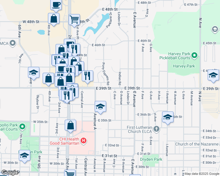 map of restaurants, bars, coffee shops, grocery stores, and more near 227 East 39th Street in Kearney
