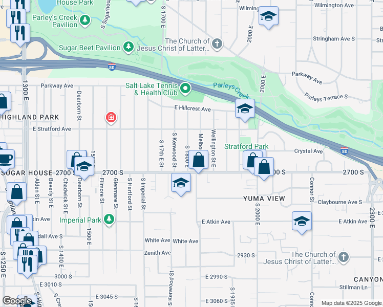 map of restaurants, bars, coffee shops, grocery stores, and more near 2642 South 1800 East in Salt Lake City