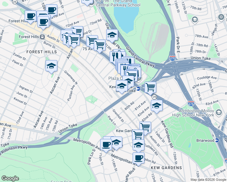 map of restaurants, bars, coffee shops, grocery stores, and more near 78-0 Austin Street in Queens