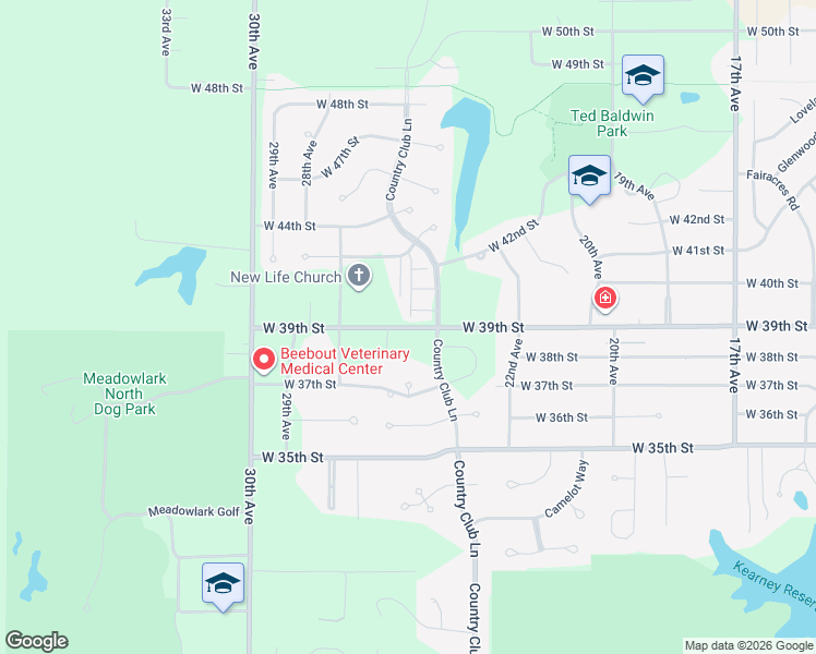 map of restaurants, bars, coffee shops, grocery stores, and more near 4100 Country Club Lane in Kearney