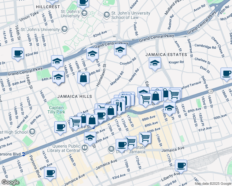 map of restaurants, bars, coffee shops, grocery stores, and more near 172-27 Henley Road in Queens