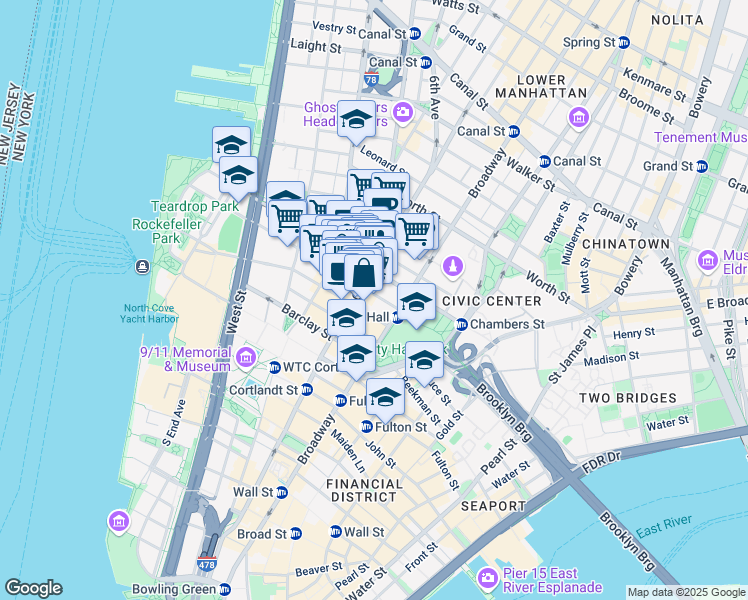 map of restaurants, bars, coffee shops, grocery stores, and more near 165 Church Street in New York