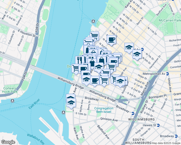 map of restaurants, bars, coffee shops, grocery stores, and more near 360 Wythe Avenue in Brooklyn
