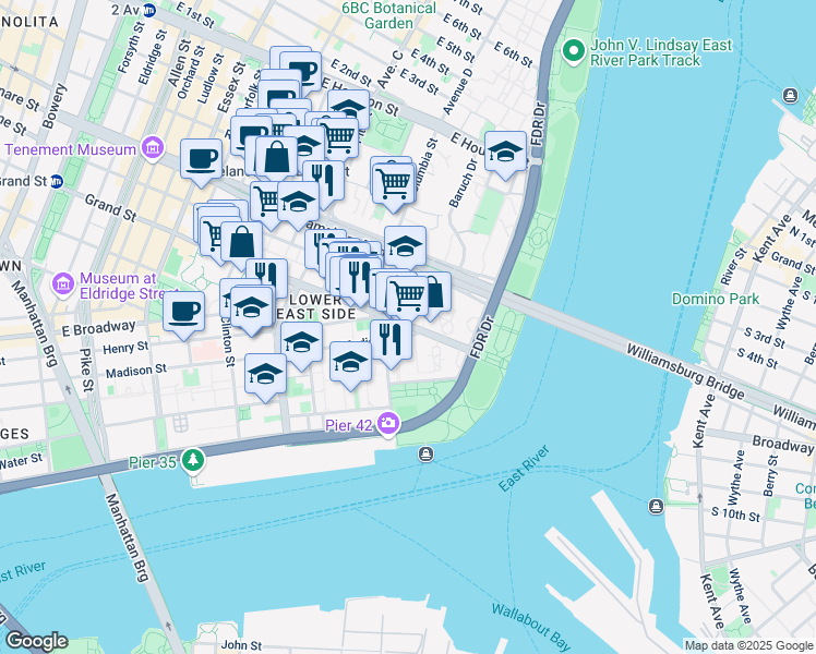 map of restaurants, bars, coffee shops, grocery stores, and more near Grand St & Lewis St in New York