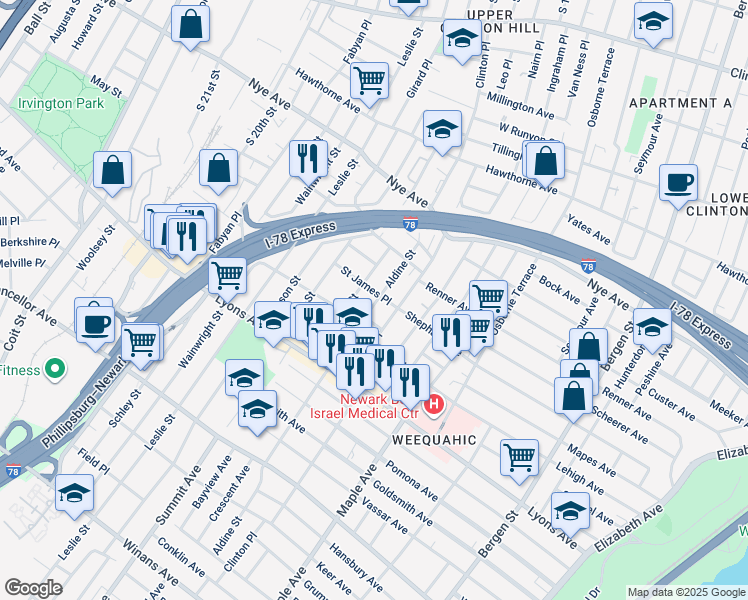 map of restaurants, bars, coffee shops, grocery stores, and more near 22 Saint James Place in Newark