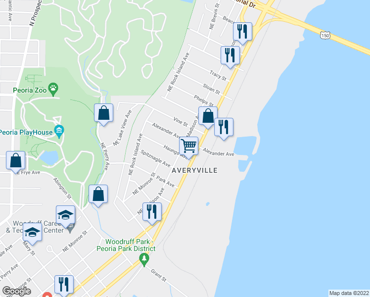 map of restaurants, bars, coffee shops, grocery stores, and more near 2712 Northeast Madison Avenue in Peoria
