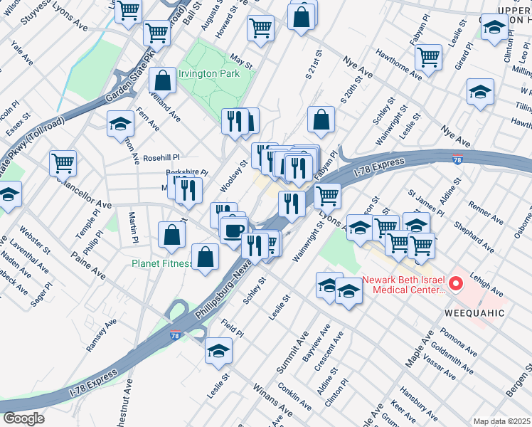 map of restaurants, bars, coffee shops, grocery stores, and more near 21 Stecher Street in Newark