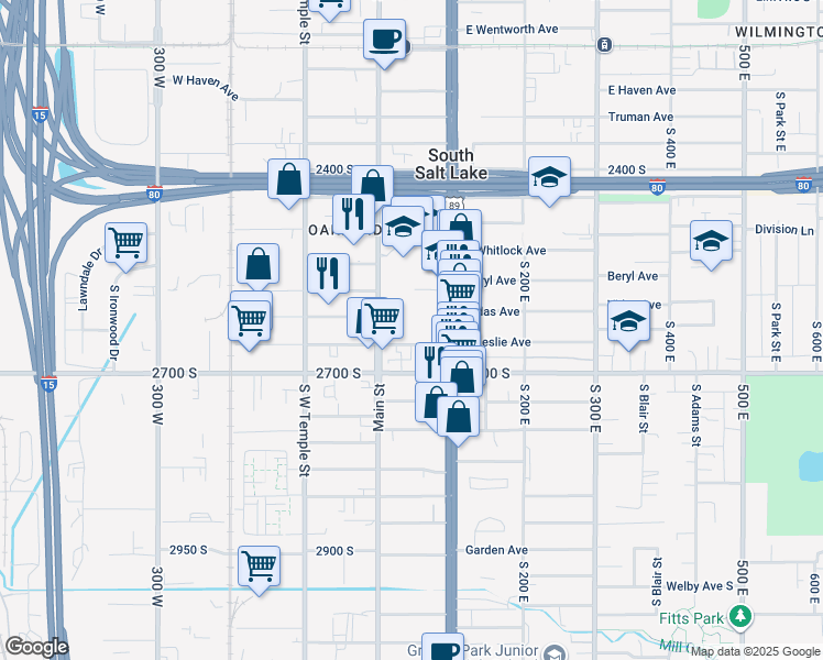 map of restaurants, bars, coffee shops, grocery stores, and more near 2567 Main Street in South Salt Lake
