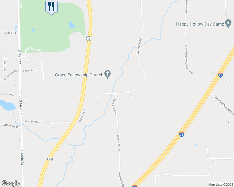 map of restaurants, bars, coffee shops, grocery stores, and more near 1722 Woodville Road in Mansfield